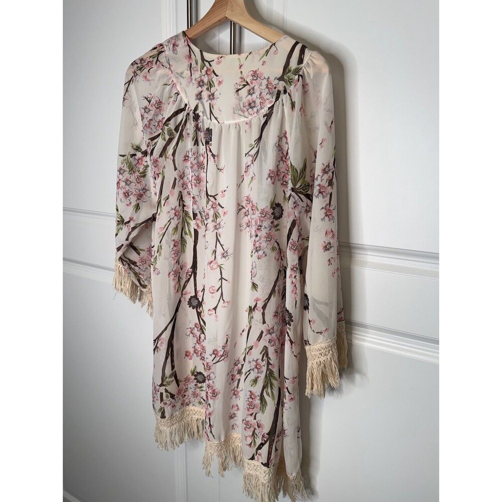 Boho Floral Cherry Blossom Kimono Cardigan Crochet Fringe Duster One Size - Picture 5 of 6